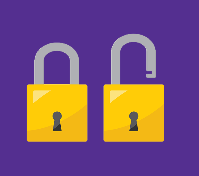 Two locks on a purple background, one locked, the other unlocked
