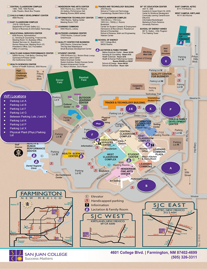 San Juan College will have wireless available in Parking Lots A and B on either side of the Campus Avenue Entrance Parking Lot F closest to the Clock Tower, Parking lot G outside of the Welding Department in the Central Classroom Complex. Praking Lot P, Parking Lot K, and in between Parking lots J and K, and Parking lot X by SOE Well Site Simulator
