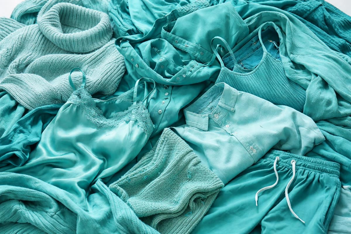 Collection of teal clothing in a pile