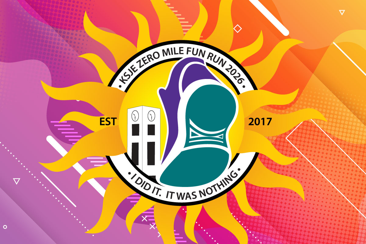 KSJE Zero Mile Fun Run 2026 I Did It It Was Nothing multi color background with pink and orange with a sun, Est 2017 with the SJC clocktower