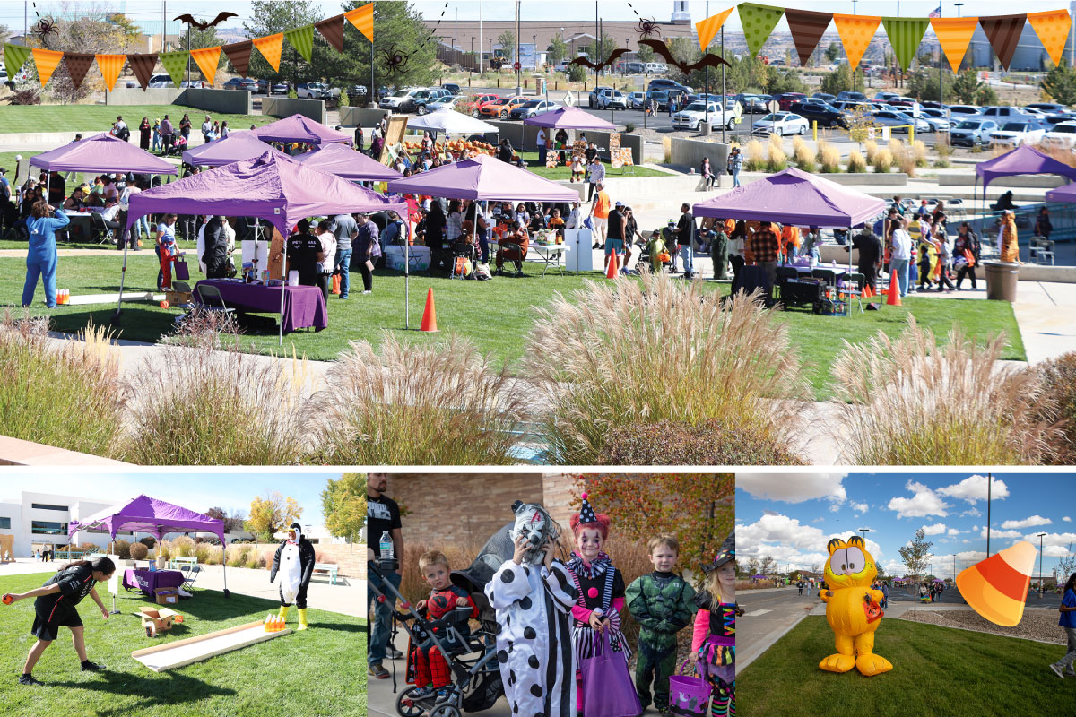 The SJC Halloween carnival with cornhole, tents with various games, kids dressed in costumes and an inflatable Garfield.