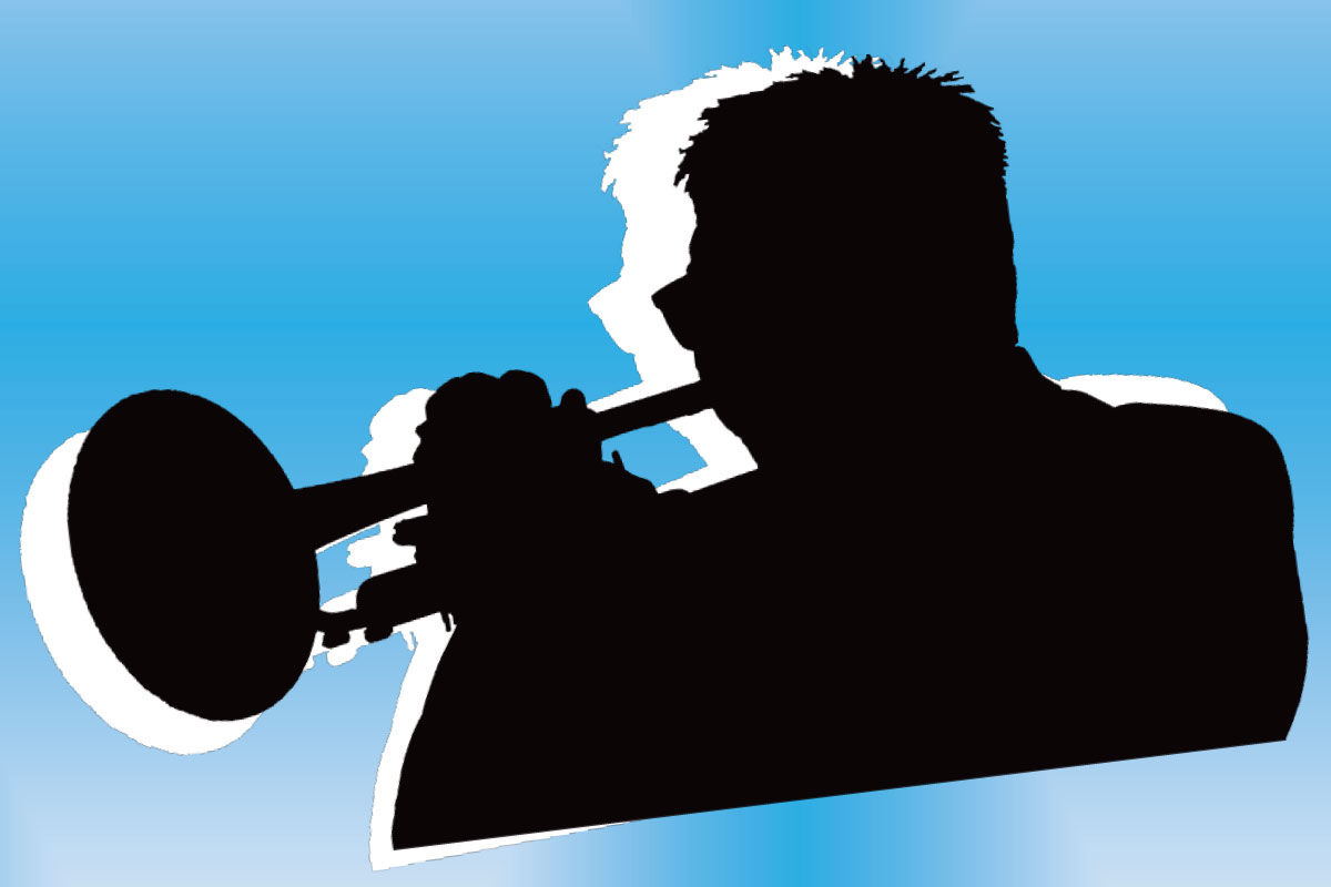 A silhouette of a trumpet player in black and white with a vibrant bright blue background