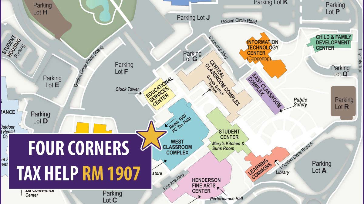 Map of San Juan College Main campus identifying where the Four Corners Tax Help is located, Room 1907 in the West Classroom Complex.